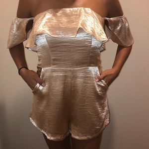 Gold Ruffled Off the Shoulder Romper